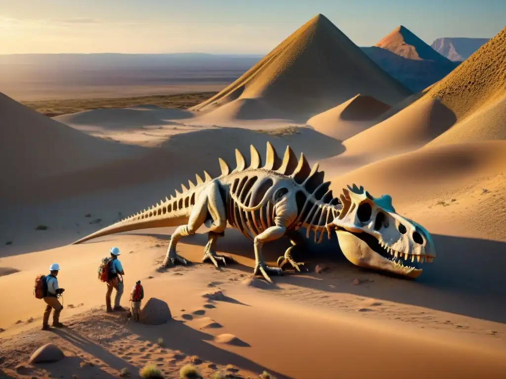 Descubrimiento de dinosaurios: una excavación épica en el desierto Equipo de paleontólogos descubriendo fósiles de dinosaurios en una excavación dramática al atardecer