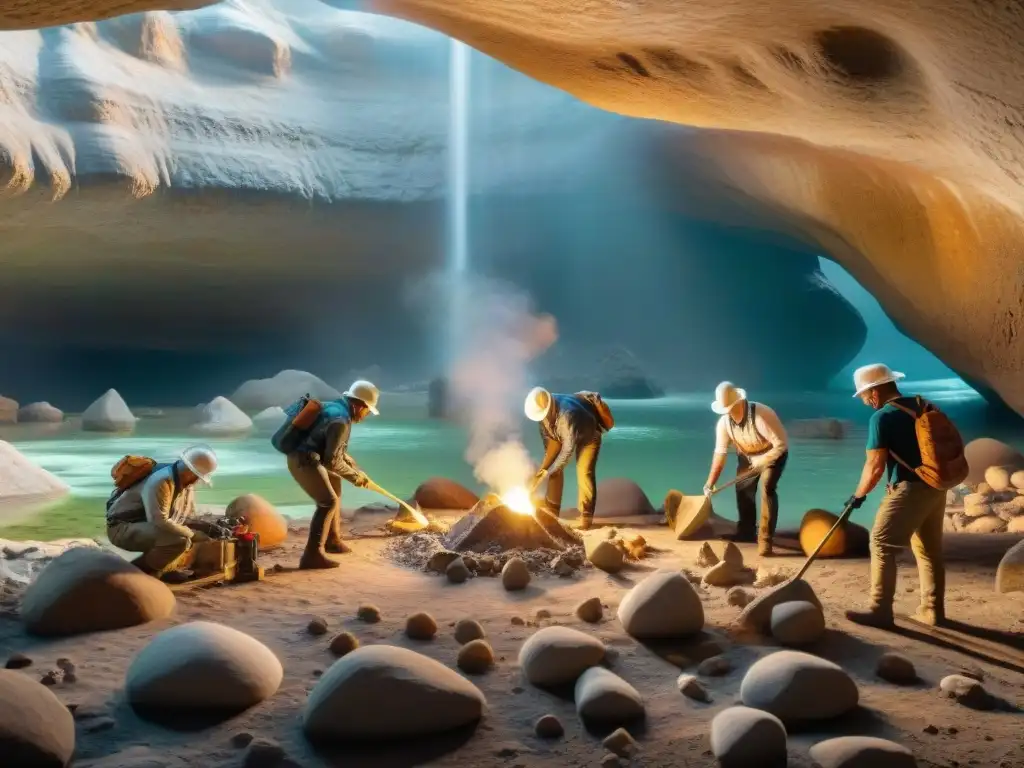 Excavación detallada: avanzando la datación radiométrica en paleontología Equipo de paleontólogos extrayendo fósiles con precisión en datación radiométrica de dinosaurios