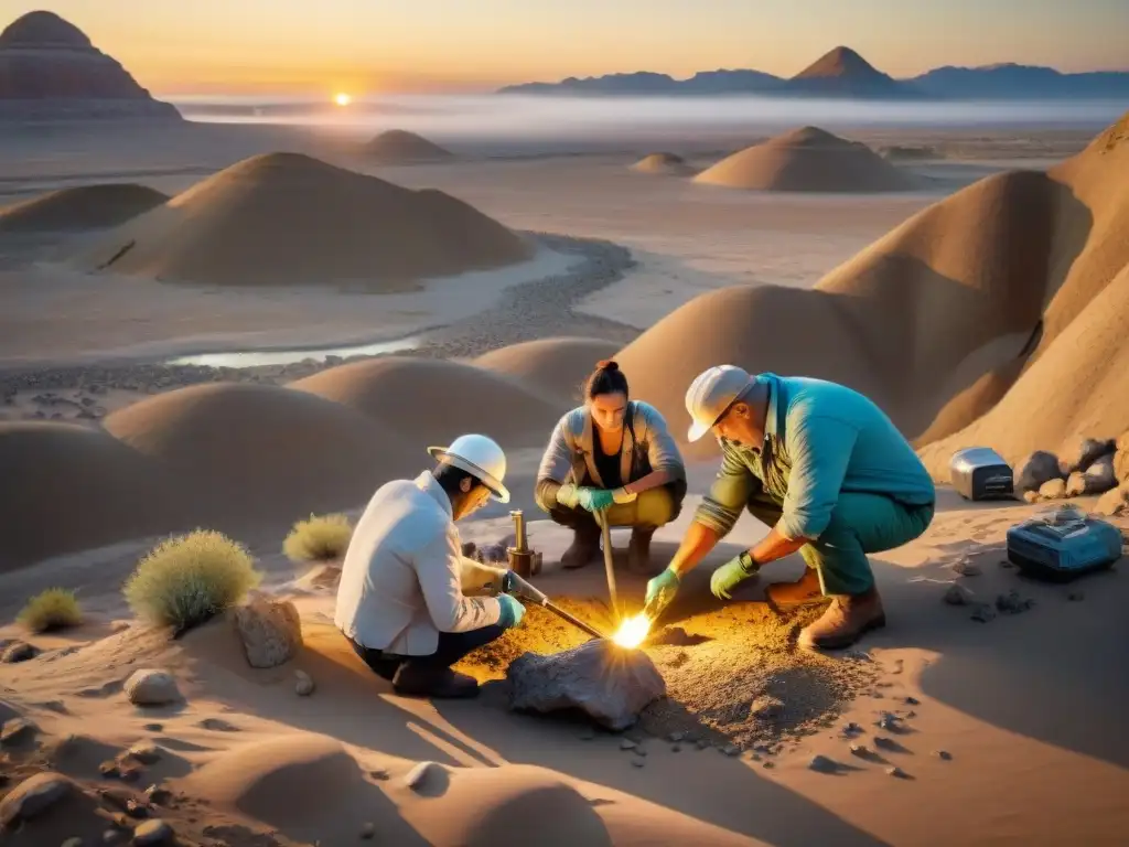 Excavación paleontológica al atardecer: descubriendo misterios del pasado Equipo de paleontólogos excavando fósiles de dinosaurios al atardecer