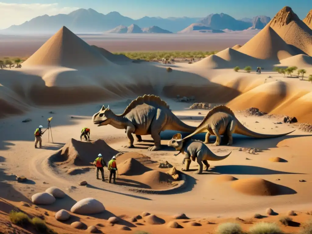 Excavación de fósiles de dinosaurios: descubrimientos en el desierto Un equipo de paleontólogos excavando fósiles de dinosaurios en un desierto rocoso bajo el sol abrasador
