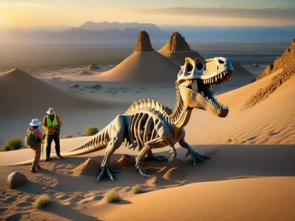 Excavación de dinosaurios al amanecer: descubrimiento en el desierto Equipo de paleontólogos excavando fósiles de dinosaurios al amanecer en el desierto