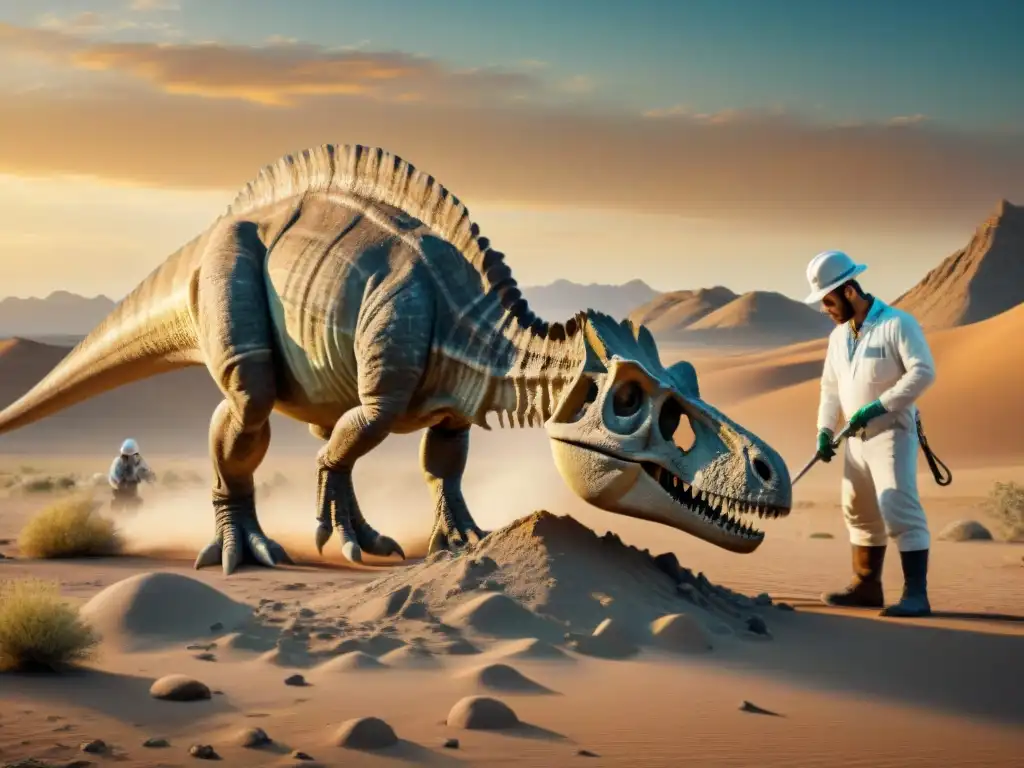 Un equipo de paleontólogos excavando fósiles de dinosaurios al atardecer en el desierto