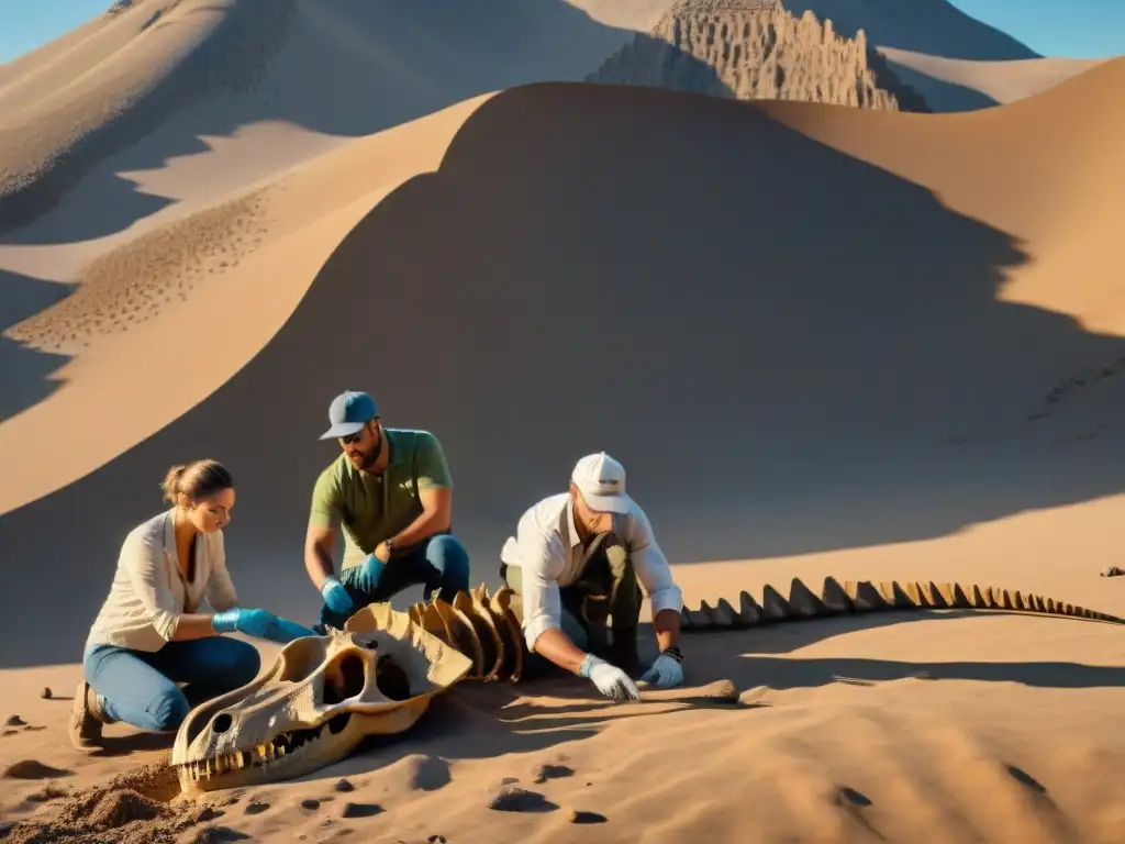 Excavación paleontológica: descubriendo dinosaurios en el desierto Equipo de paleontólogos certificando fósiles de dinosaurios en un yacimiento remoto