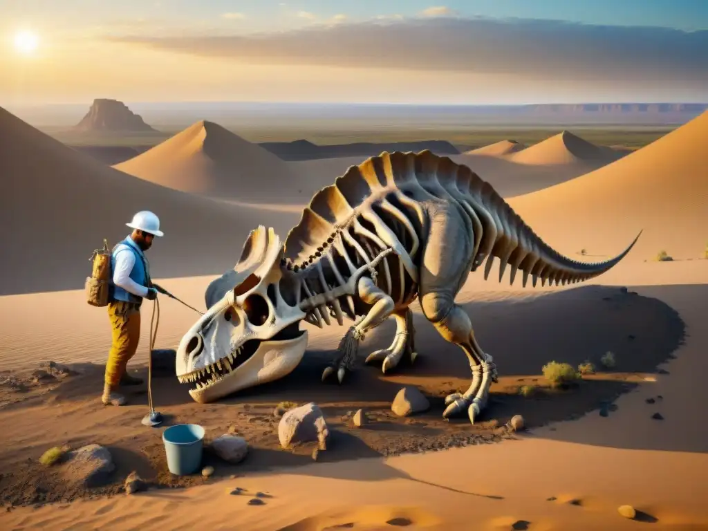 Equipo de paleontólogos excavando fósiles de dinosaurios al atardecer en el desierto remoto