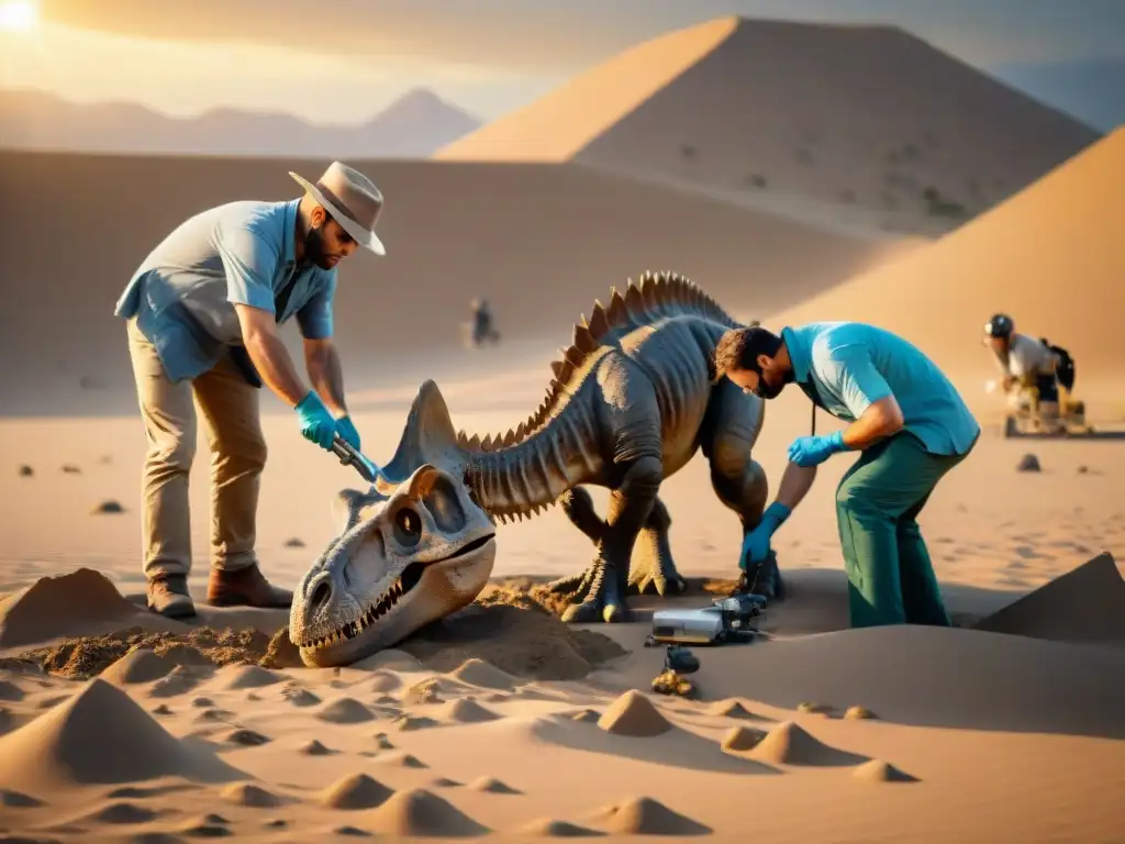 Excavación de fósiles de dinosaurios al atardecer Equipo de paleontólogos excavando fósiles de dinosaurios al atardecer en el desierto