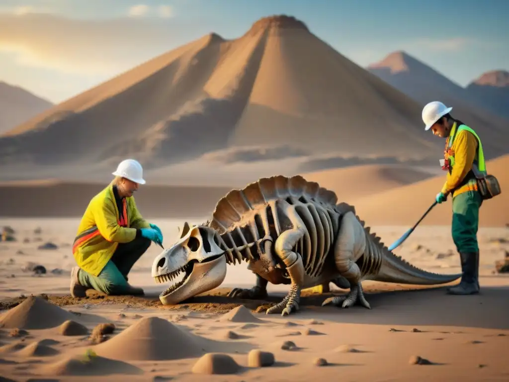 Excavación de fósiles de dinosaurios al atardecer en desierto remoto Equipo de paleontólogos excavando fósiles de dinosaurios en un remoto y árido desierto al atardecer