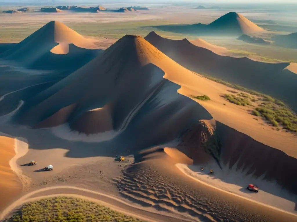 Excavación de fósiles de dinosaurios en desierto con tecnología satelital Equipo de paleontólogos desenterrando fósiles de dinosaurios en un vasto paisaje desértico, con tecnología satelital