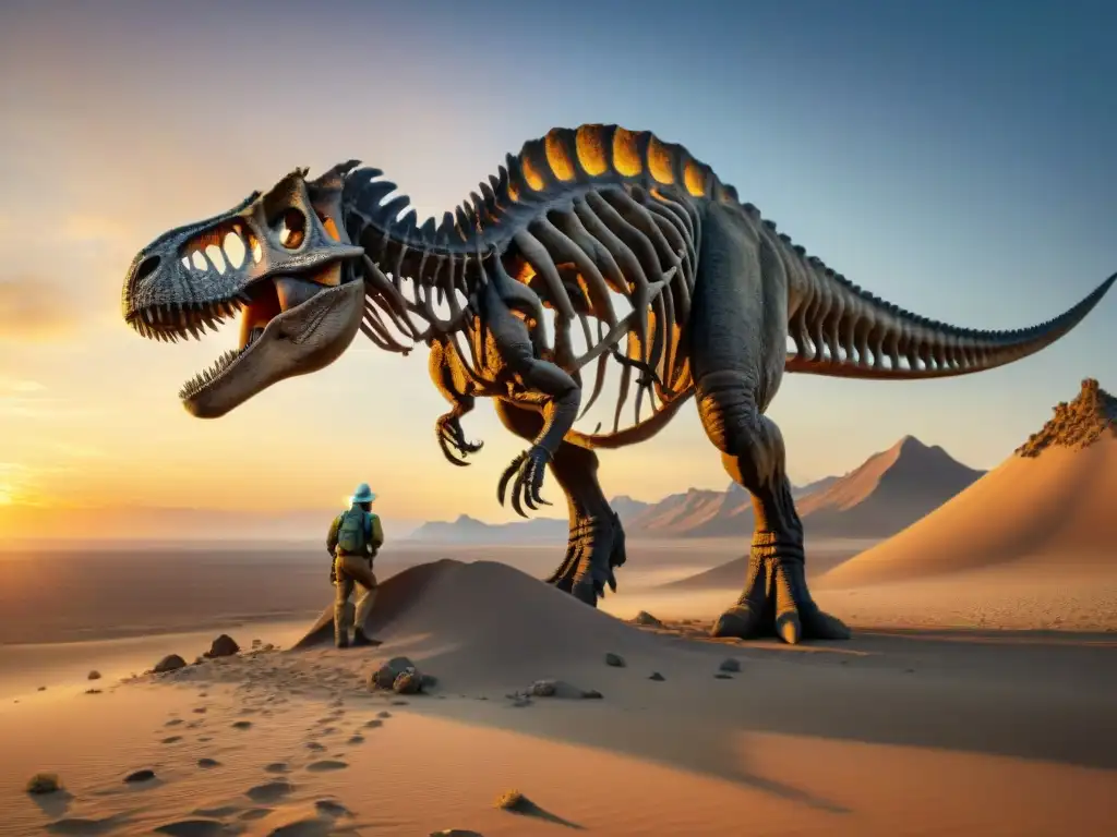 Equipo de paleontólogos excavando fósiles de un T-Rex valioso en un desierto remoto al atardecer