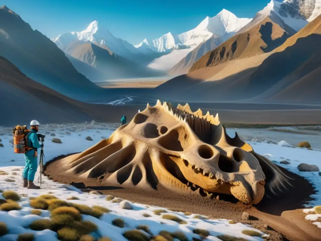 Excavación de fósil gigante en Himalayas despierta asombro Un equipo de paleontólogos desenterrando gigantes prehistóricos en el Himalaya, bajo un cielo azul y montañas nevadas