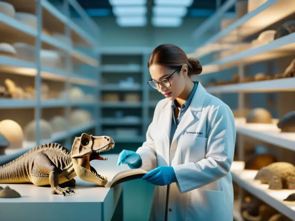 Examen detallado de fósil de dinosaurio por paleontólogos Equipo de paleontólogos examinando detalladamente un hueso fósil de dinosaurio en laboratorio