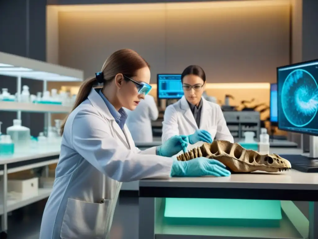Extracción de ADN en laboratorio paleontológico Equipo de paleontólogos en laboratorio moderno, extrayendo material genético de hueso prehistórico