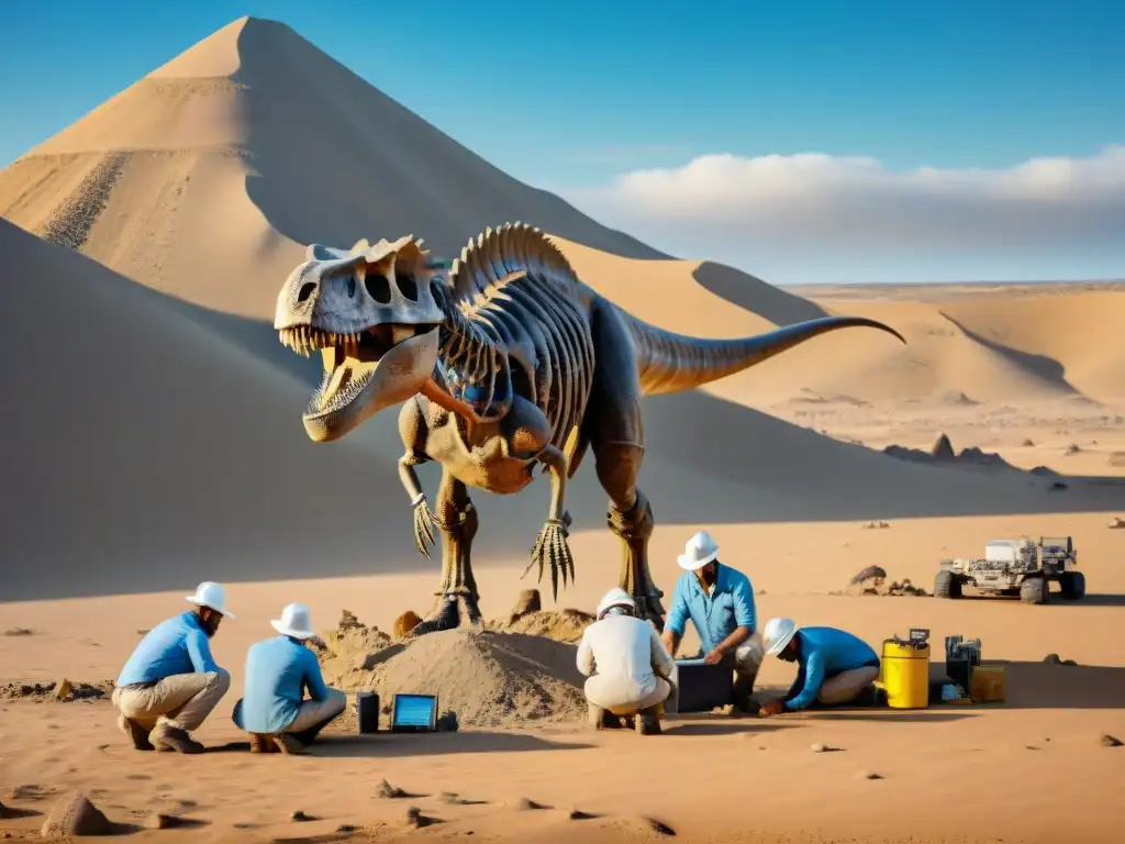 Excavación paleontológica: fusión tecnológica en el desierto Equipo de paleontólogos usando tecnología avanzada para excavar fósiles de dinosaurios en un yermo remoto