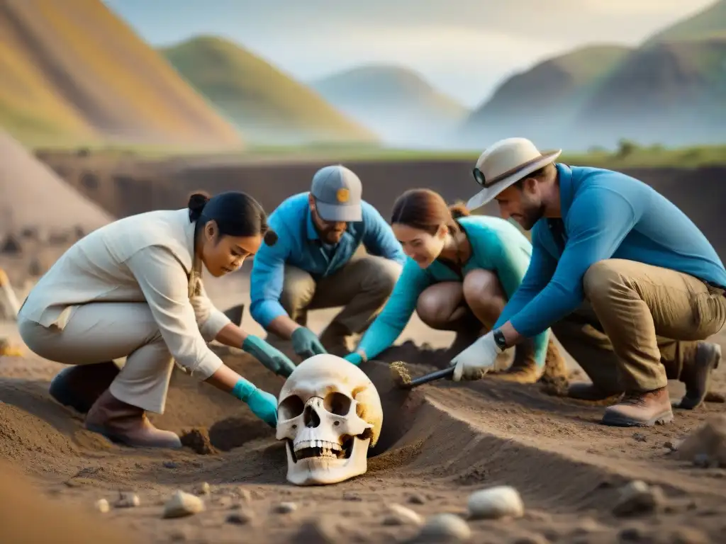 Equipo de paleontólogos y voluntarios excavando fósiles juntos en un sitio remoto