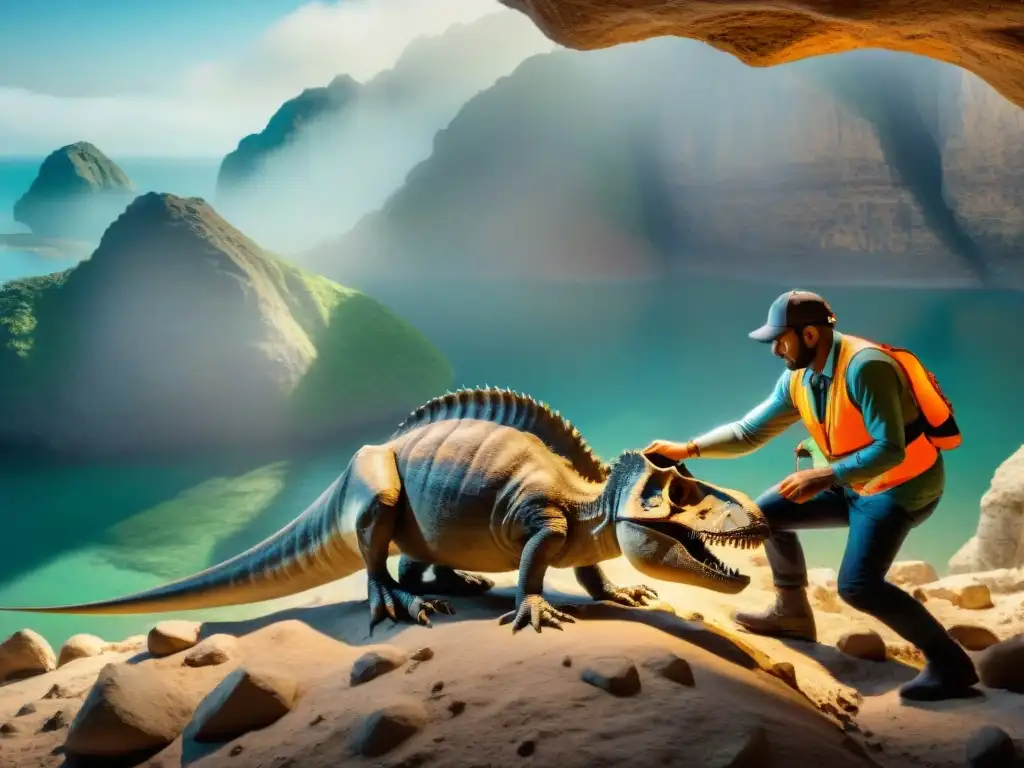Excavación meticulosa de fósil de dinosaurio en 8k Un equipo de paleontólogos excava con precisión un fósil de dinosaurio, reflejando técnicas dinámicas en la representación de dinosaurios