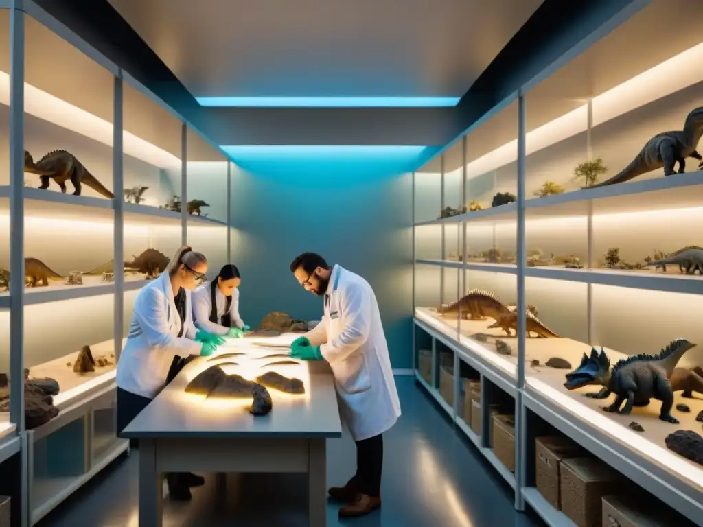 Restaurando dinosaurios: pasión y precisión en el laboratorio Un equipo de paleontólogos reconstruyendo con precisión los huesos de dinosaurios en un laboratorio