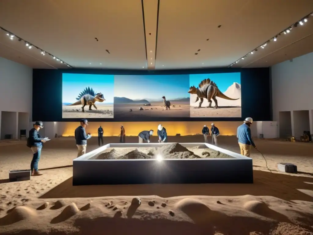 Excavación de fósiles: Paleontólogos y tecnología satelital Equipo de paleontólogos excavando un yacimiento de fósiles de dinosaurios con satélites en paleontología y dinosaurios