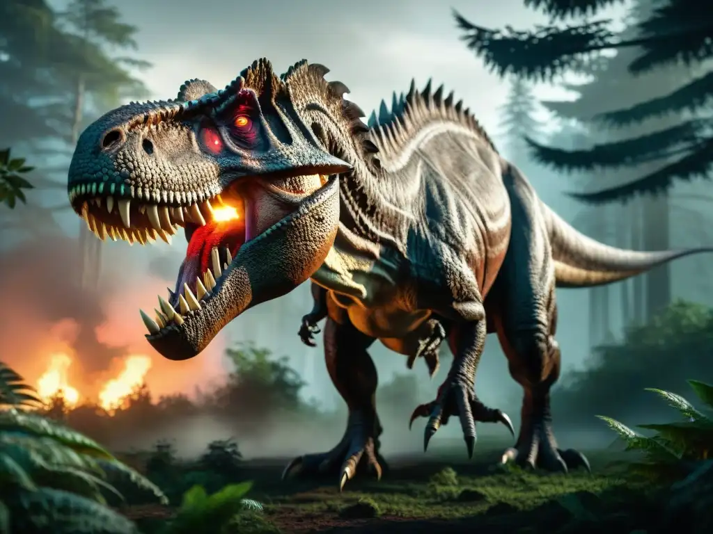 Escena aterradora de un Tyrannosaurus rex emergiendo de la oscuridad de la selva prehistórica
