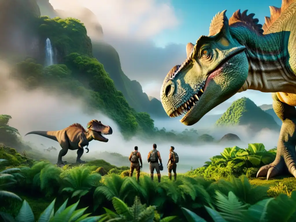 Épico encuentro: humanos y dinosaurios en un mundo prehistórico Escena cinematográfica de humanos y dinosaurios en intersección, con detalles realistas