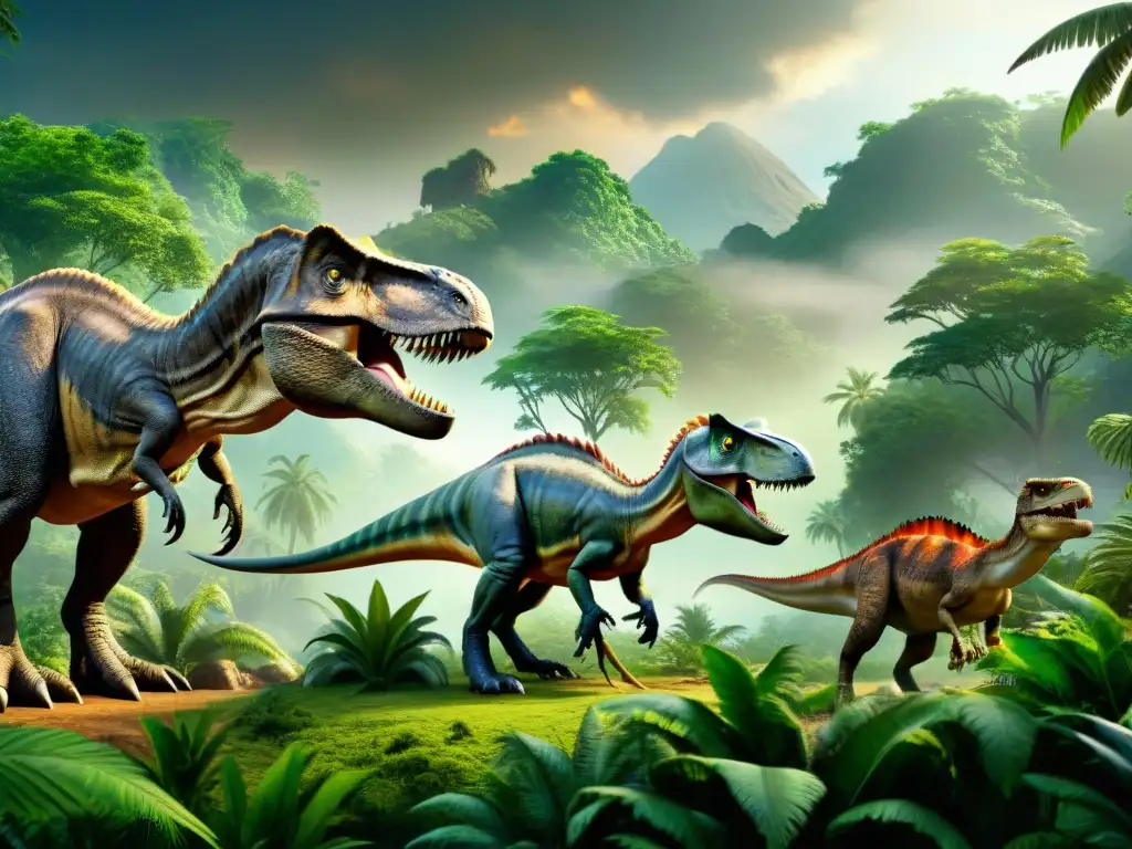 Jungla prehistórica: encuentro de dinosaurios Una escena detallada de dinosaurios en la novela gráfica, con T-Rex, Triceratops y Velociraptors en su hábitat natural prehistórico