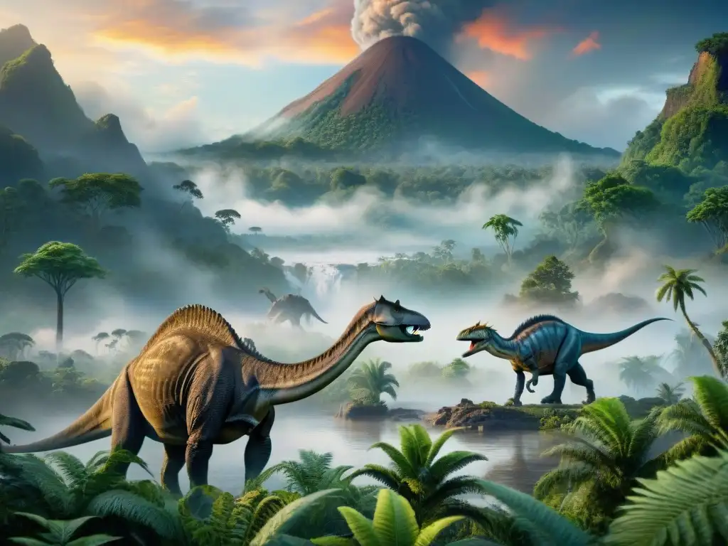 Época de dinosaurios: paisaje prehistórico en detalle Escena detallada de la era de los dinosaurios con sauropodos y un volcán en erupción