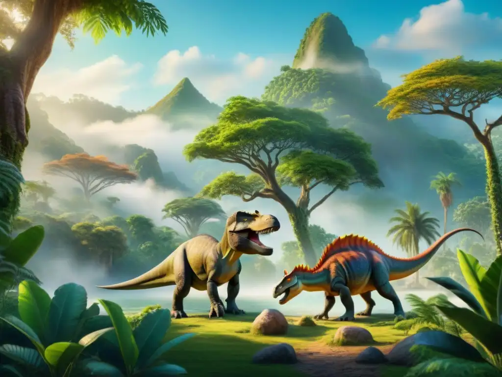 Vibrante convivencia de dinosaurios en paisaje prehistórico Una escena detallada de diversas especies de dinosaurios coexistiendo pacíficamente en un exuberante paisaje prehistórico