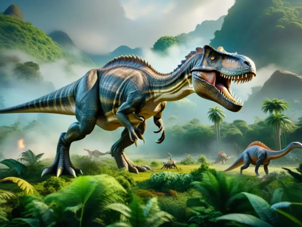 Una escena detallada de un jungla prehistórica con dinosaurios en cultura popular