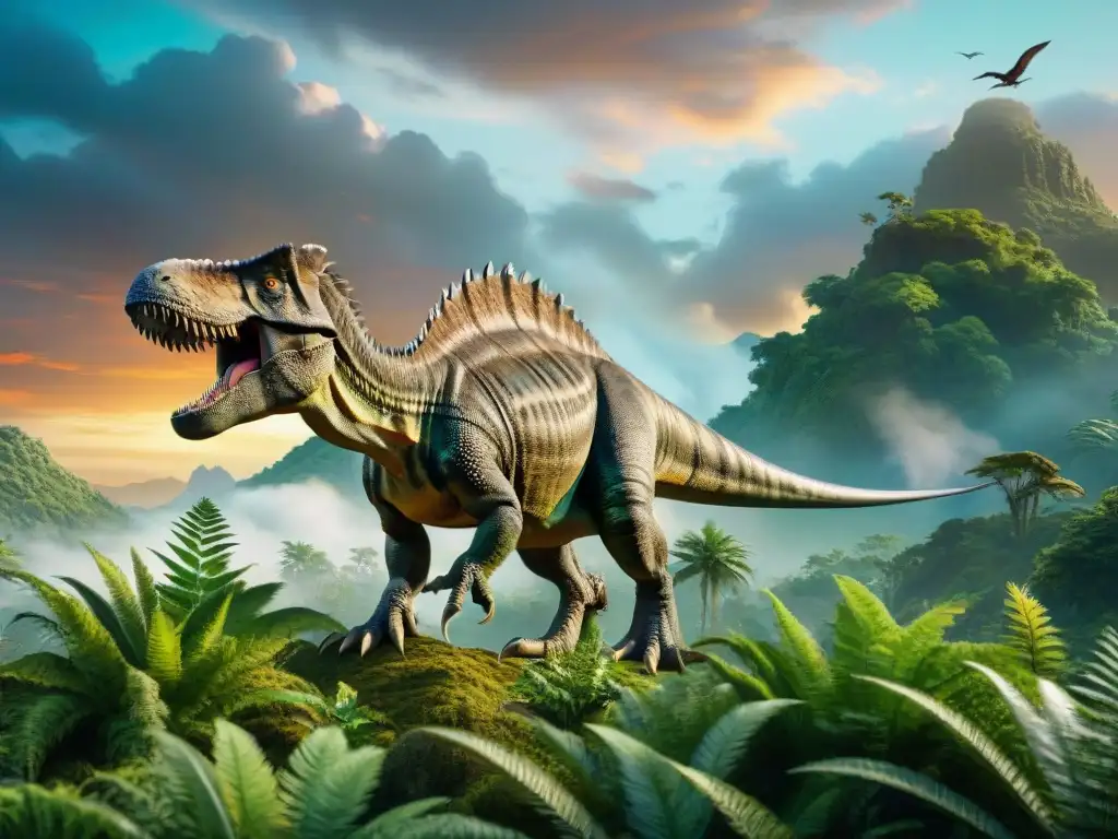 Escena prehistórica: Diversidad de dinosaurios en paisaje sereno Escena de evolución y extinción de dinosaurios con T