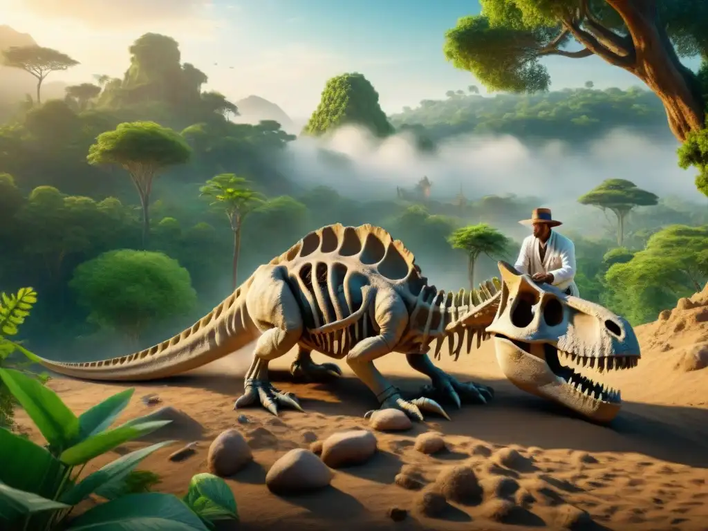 Una escena emocionante en la que un paleontólogo excava un esqueleto de dinosaurio, rodeado de un paisaje prehistórico