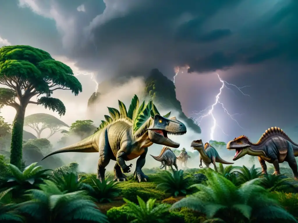 Reino Jurásico: Dinosaurios en la tormenta prehistórica Una escena épica de dinosaurios bajo un cielo tormentoso en un paisaje prehistórico exuberante