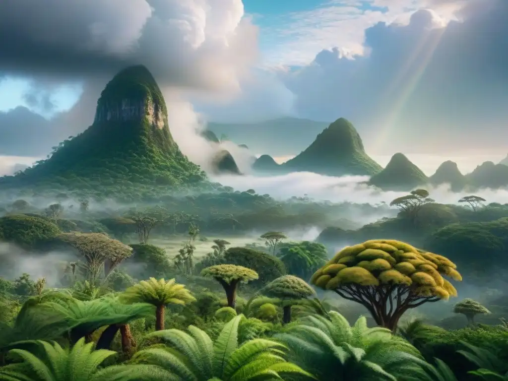 Tierra prehistórica: exuberante paisaje mesozoico Escena Mesozoica con dinosaurios bajo lluvia abundante y exuberante vegetación