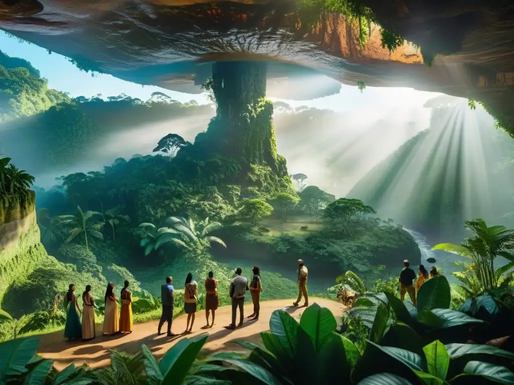 Una escena misteriosa de la exuberante selva amazónica con un fósil de dinosaurio, origen dinosaurios leyendas Amazonas