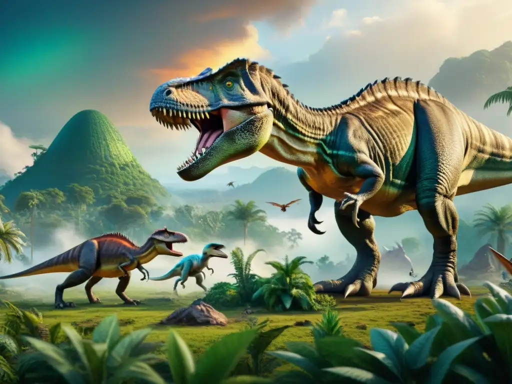 Escena prehistórica: Tiranosaurio rex y dinosaurios en vibrante detalle Una escena prehistórica detallada con dinosaurios e insectos, mostrando la interacción entre ellos