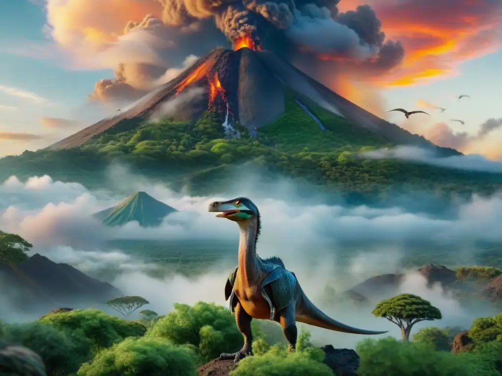 Recreación detallada: dinosaurios en paisaje prehistórico Una escena prehistórica detallada con dinosaurios en un paisaje exuberante, un volcán en erupción y pterodáctilos en el cielo