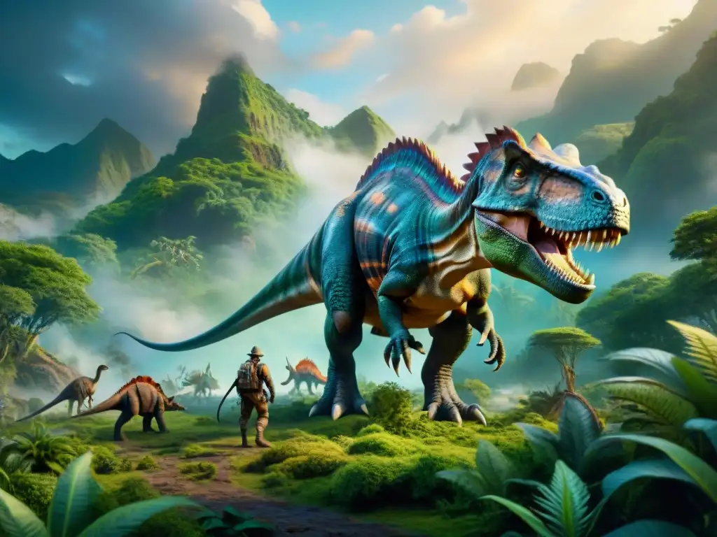 Vibrante ecosistema prehistórico: dinosaurios en armonía con la naturaleza Una escena prehistórica detallada con dinosaurios y plantas en relación simbiótica