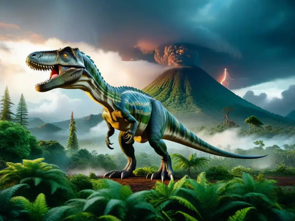 Tierra de dinosaurios: paisaje prehistórico con detalle asombroso Una escena prehistórica detallada con dinosaurios en un paisaje exuberante bajo un cielo tormentoso