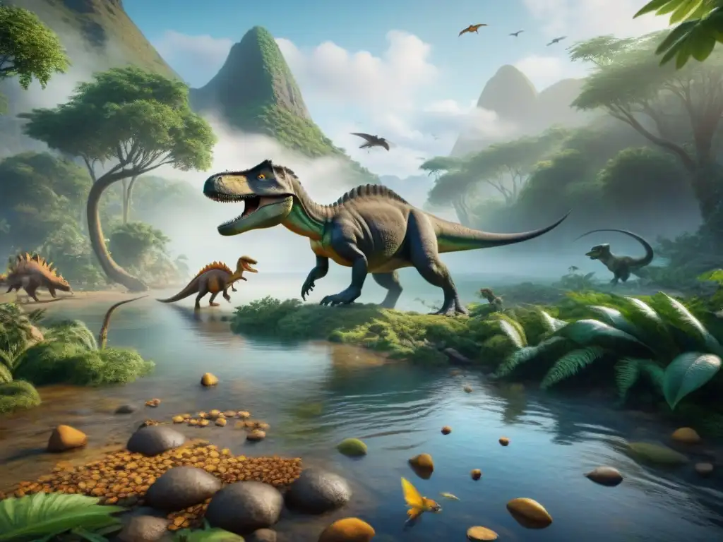 Escena prehistórica: microvertebrados interactúan con dinosaurios Una escena prehistórica detallada con microvertebrados en la cadena alimenticia, dinámica y colorida