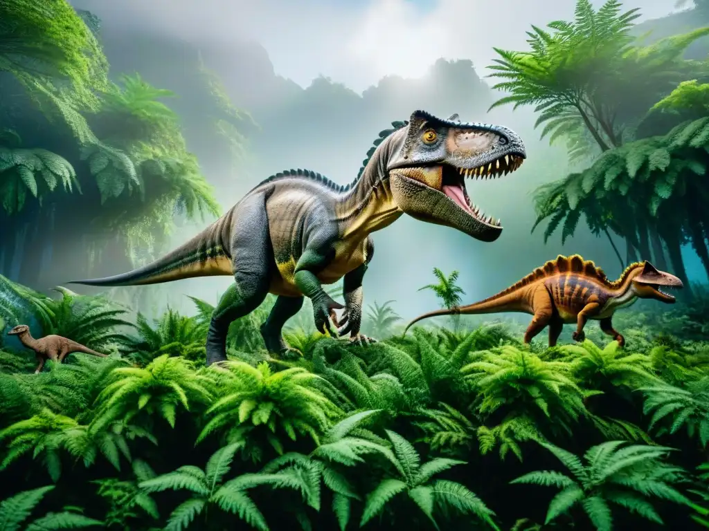 Interacción armoniosa: dinosaurios y mamíferos en paisaje prehistórico Escena prehistórica de dinosaurios y mamíferos en armonía