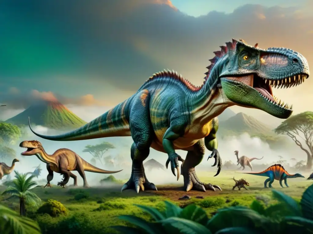 Escena prehistórica con diversidad de dinosaurios compitiendo por recursos