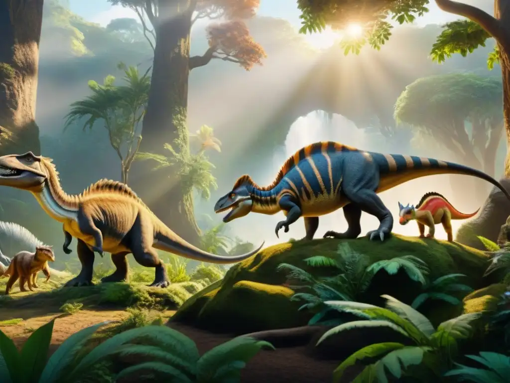 Escena prehistórica: mamíferos y dinosaurios en un bosque ancestral Escena prehistórica: conexión evolutiva entre dinosaurios y mamíferos en un bosque antiguo