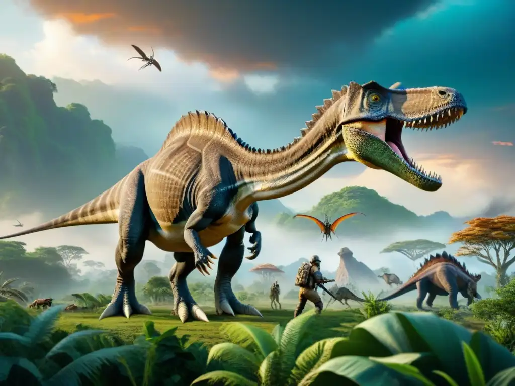 Vida prehistórica: dinosaurios, insectos y paisajes antiguos Una escena prehistórica muestra la interacción entre insectos y dinosaurios en un paisaje fascinante