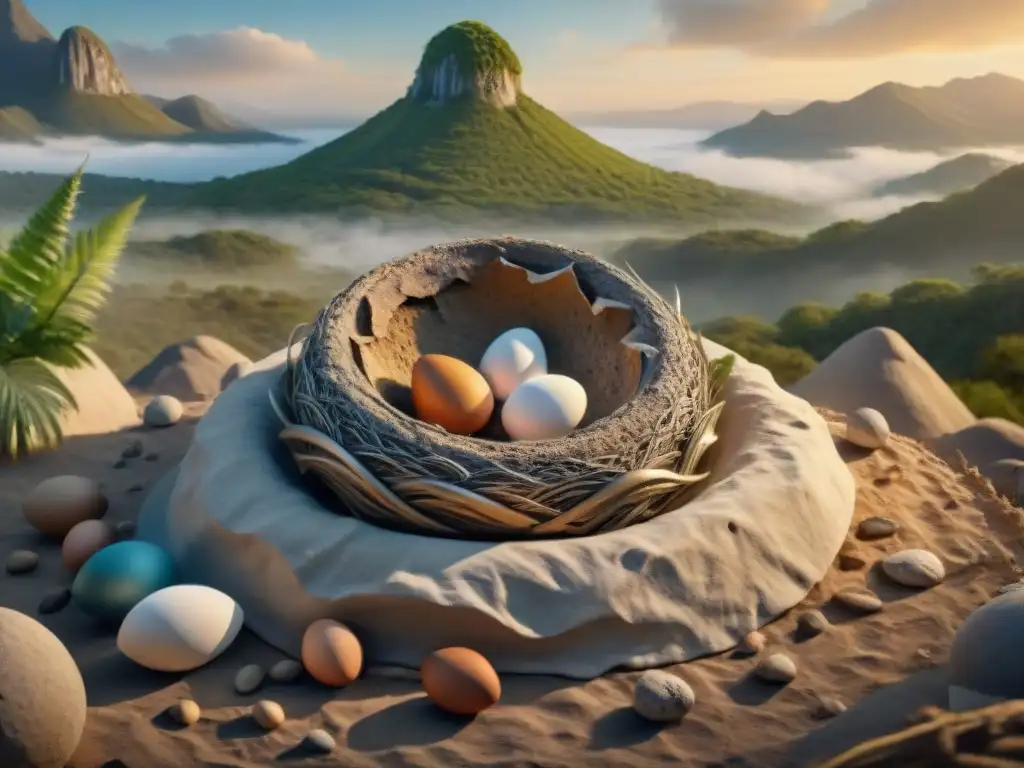 Nido fósil con huevos de dinosaurios de distintas especies Escena prehistórica: nidos compartidos especies prehistóricas en un yacimiento de dinosaurios
