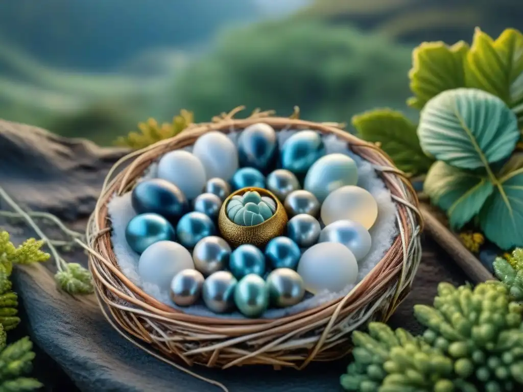 Nido prehistórico: convivencia pacífica de especies en detalle Una escena prehistórica de nidos compartidos entre especies, con criaturas conviviendo en armonía en un paisaje antiguo y exuberante