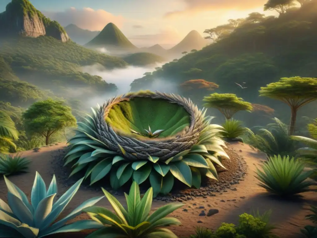 Armonía prehistórica: Dinosaurios compartiendo nido en bosque antiguo Escena prehistórica de nidos compartidos entre especies de dinosaurios en un bosque antiguo al atardecer