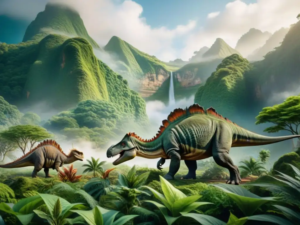 Jurásico: Dinosaurios majestuosos en paisaje prehistórico Una escena prehistórica muestra una relación simbiótica entre dinosaurios y plantas en un exuberante paisaje
