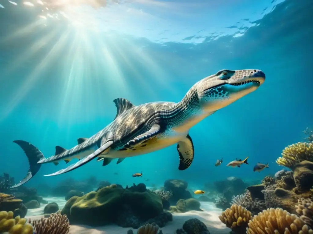 Escena submarina con reptiles marinos prehistóricos en 8k Una escena submarina vibrante con dinosaurios marinos prehistóricos en detalle, en un arrecife de coral colorido