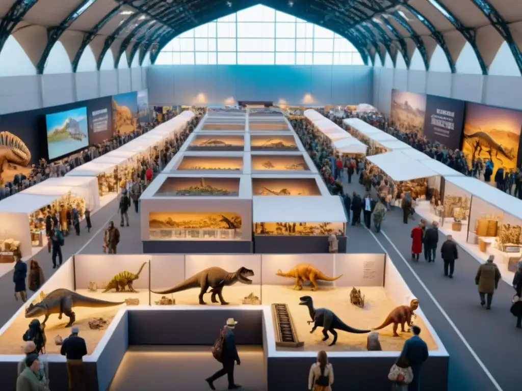 Escena vibrante de feria de fósiles con dinosaurios y paleontólogos Escena vibrante y educativa en la feria de fósiles, con evolución de los dinosaurios cultura en banners científicos