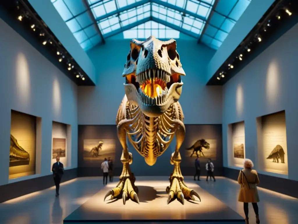 Espectacular esqueleto de Tyrannosaurus rex en exposición de dinosaurios, creando una atmósfera única de asombro y admiración en el museo