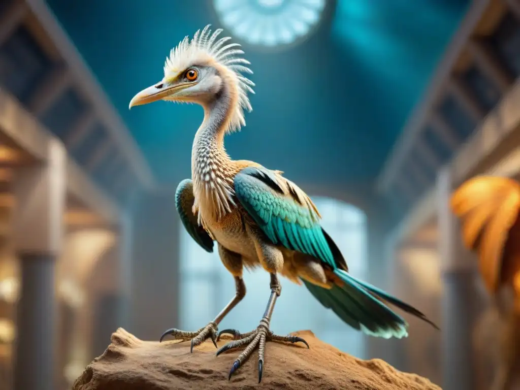 Conexión evolutiva: Archaeopteryx y aves modernas Fósil de Archaeopteryx y esqueleto de ave moderna, resaltando la conexión evolutiva entre dinosaurios y mamíferos en un museo con iluminación suave