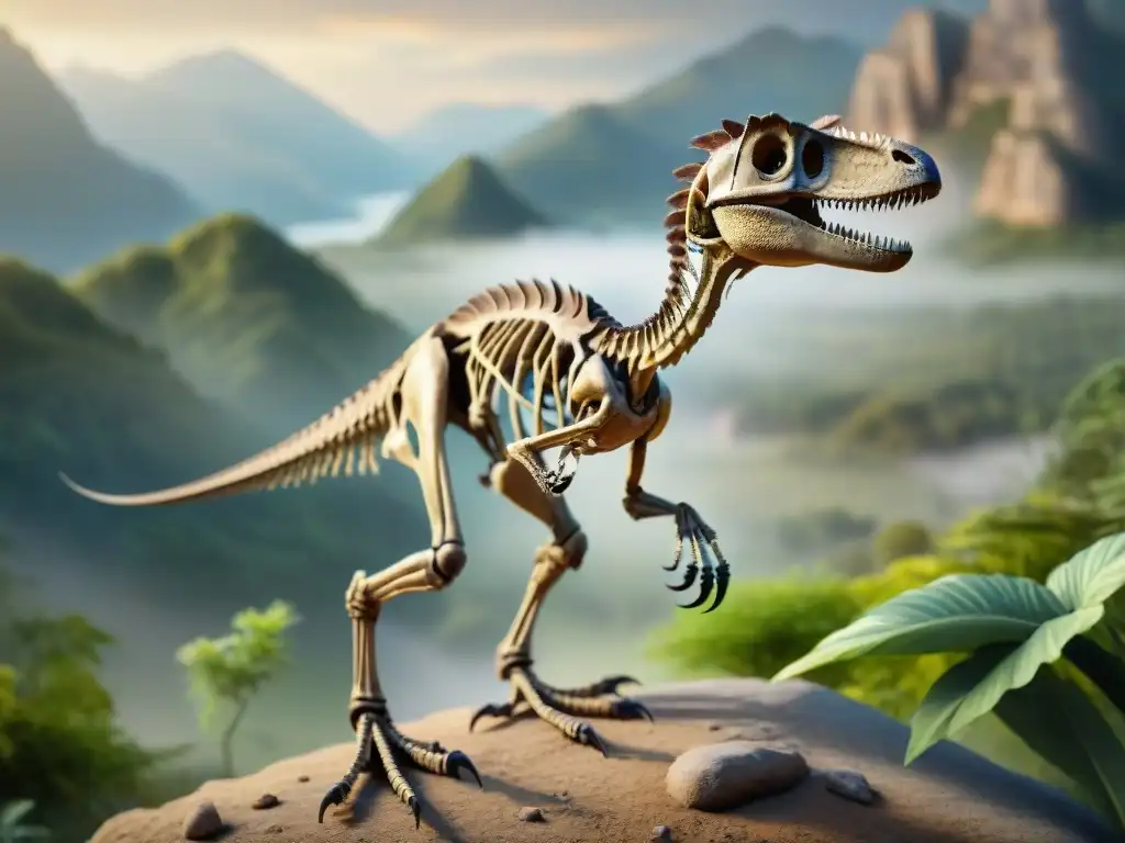 Esqueleto detallado de un velociraptor con una pata trasera amputada, mostrando adaptaciones para sobrevivir