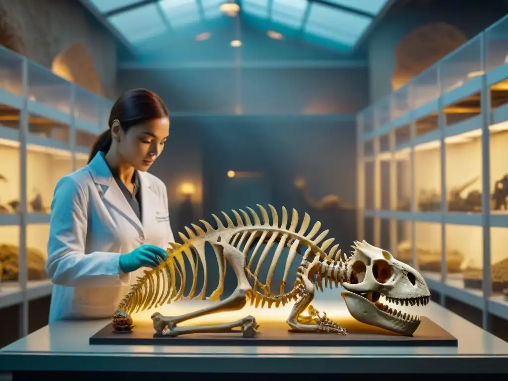 Esqueleto de dinosaurio fosilizado con paleopatologías en laboratorio Un esqueleto de dinosaurio fosilizado con paleopatologías en un laboratorio de investigación